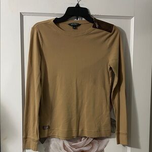 Lauren Ralph Lauren Camel Long Sleeve Crewneck with Brown Shoulder Patch